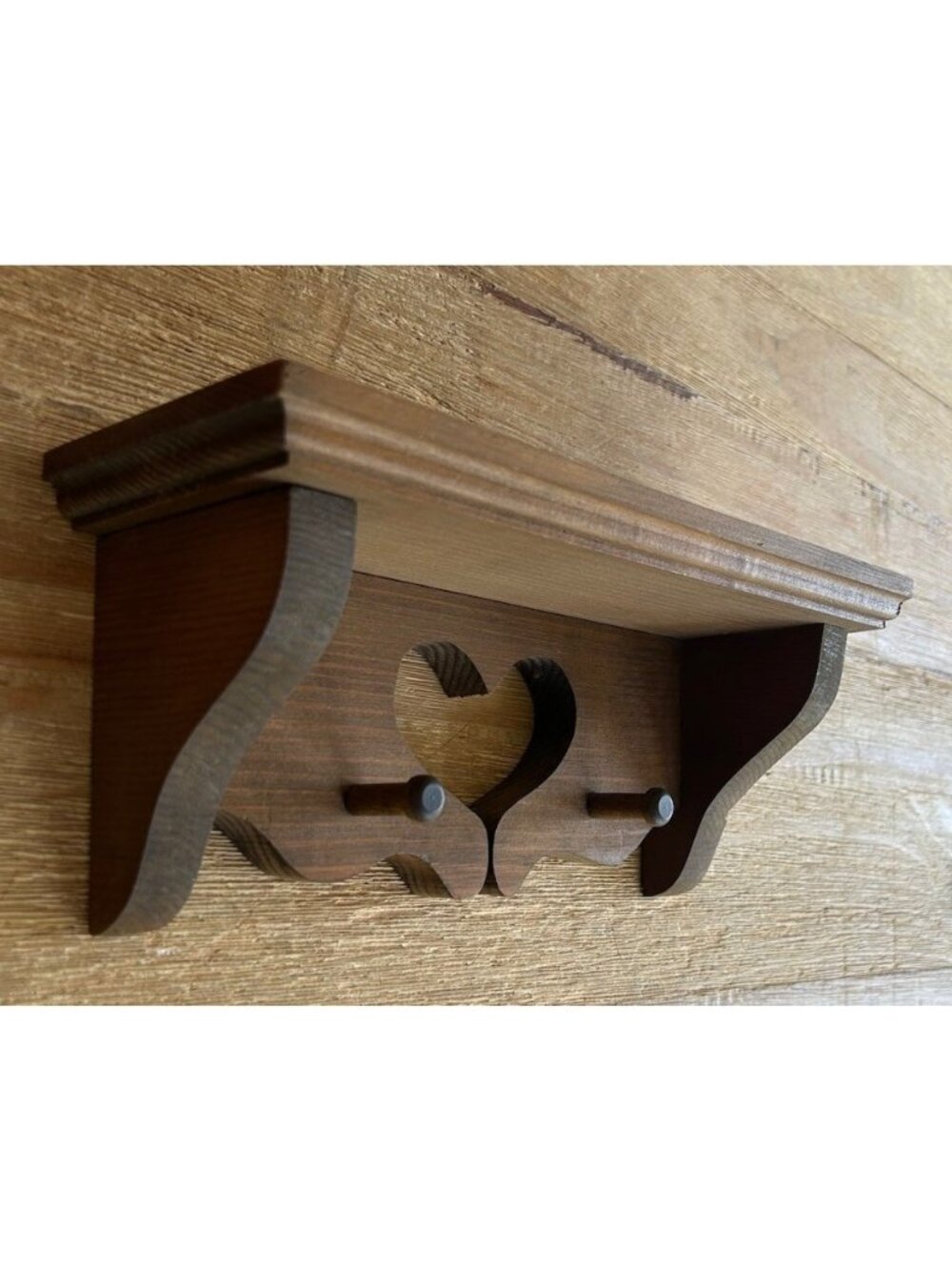 Vintage Rustic Wood 2 Peg Wall Shelf Heart Cutout Primitive Farmhouse Country